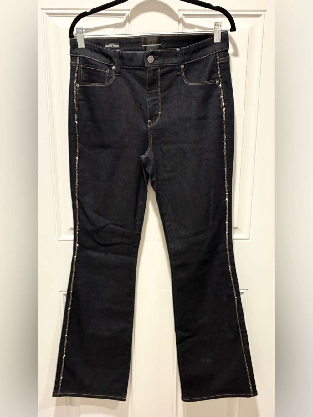 WHBM High Rise Black Denim Skinny Flare Jeans w/ Side Sequin Trim - Size: 8